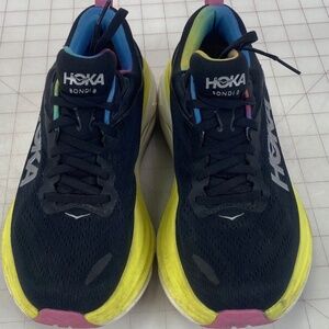 Women's Hoka One One Bondi 8 Black Yellow Multi Running Shoe Sneakers, Size 7B